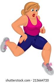 Illustration of cartoon female character isolated on white. Cartoon young fat woman in pink top and running shoes running. 
