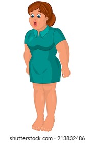 Illustration of cartoon female character isolated on white. Cartoon young fat woman in green dress barefoot. 