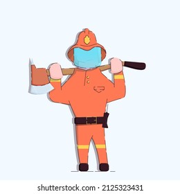 Illustration of a cartoon firefighter with an ax on his shoulders. Hands are thrown over the handle of the ax. On his head is a helmet with protective glass. Isolated white background. Vector.