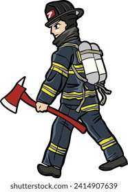 Illustration of a cartoon firefighter carrying an axe and emergency gear
