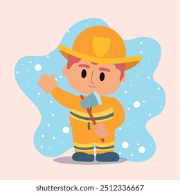 Ilustração de um bombeiro de desenho animado de uniforme amarelo, sorrindo e segurando um machado. Ilustração vetorial