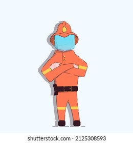 Illustration of a cartoon fireman with arms crossed on his chest. On his head is a helmet with protective glass. He casts a shadow. Isolated white background. Vector illustration.