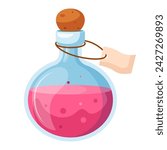 Illustration of cartoon flasks with potion. Game potion. Magic phials 2D game UI icon asset, magic bottles for witchcraft, cartoon elixir, love potion poison and antidote.