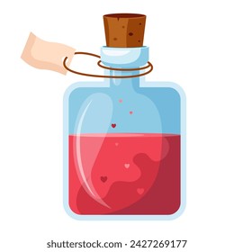 Illustration of cartoon flasks with potion. Game potion. Magic phials 2D game UI icon asset, magic bottles for witchcraft, cartoon elixir, love potion poison and antidote.