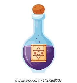 Illustration of cartoon flasks with potion. Game potion. Magic phials 2D game UI icon asset, magic bottles for witchcraft, cartoon elixir, love potion poison and antidote.