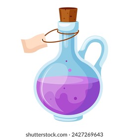 Illustration of cartoon flasks with potion. Game potion. Magic phials 2D game UI icon asset, magic bottles for witchcraft, cartoon elixir, love potion poison and antidote.