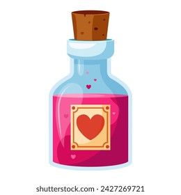 Illustration of cartoon flasks with potion. Game potion. Magic phials 2D game UI icon asset, magic bottles for witchcraft, cartoon elixir, love potion poison and antidote.