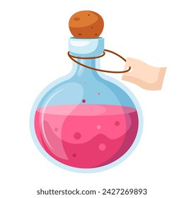 Illustration of cartoon flasks with potion. Game potion. Magic phials 2D game UI icon asset, magic bottles for witchcraft, cartoon elixir, love potion poison and antidote.