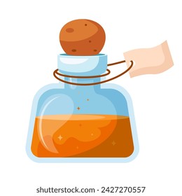 Illustration of cartoon flasks with potion. Game potion. Magic phials 2D game UI icon asset, magic bottles for witchcraft, cartoon elixir, love potion poison and antidote.