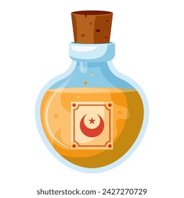 Illustration of cartoon flasks with potion. Game potion. Magic phials 2D game UI icon asset, magic bottles for witchcraft, cartoon elixir, love potion poison and antidote.