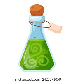 Illustration of cartoon flasks with potion. Game potion. Magic phials 2D game UI icon asset, magic bottles for witchcraft, cartoon elixir, love potion poison and antidote.