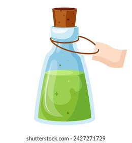 Illustration of cartoon flasks with potion. Game potion. Magic phials 2D game UI icon asset, magic bottles for witchcraft, cartoon elixir, love potion poison and antidote.