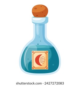 Illustration of cartoon flasks with potion. Game potion. Magic phials 2D game UI icon asset, magic bottles for witchcraft, cartoon elixir, love potion poison and antidote.