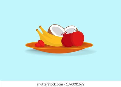 illustration of cartoon flat fruits banana, pomegranate, cherry, coconut placed in a plate isolated on colorful background. 