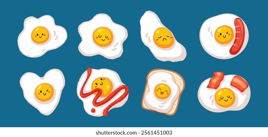 Illustration cartoon of food designs with many expressions. Fried egg cartoon different shape. Idea for icons, labels, or digital decoration.