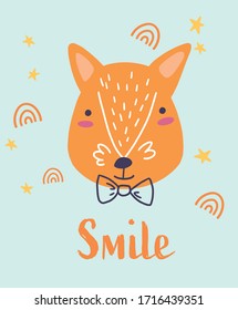 Illustration with a cartoon fox and a cute pattern around with a lettering.