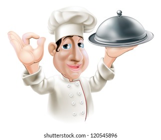Illustration of a cartoon friendly happy chef with silver serving tray smiling and doing okay sign