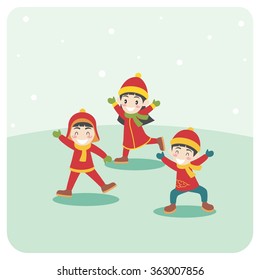 illustration of Cartoon Friends Playing in snowy weather. Christmas and New Year Holiday Greeting.