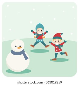 illustration of Cartoon Friends Playing in snowy weather. Christmas and New Year Holiday Greeting.