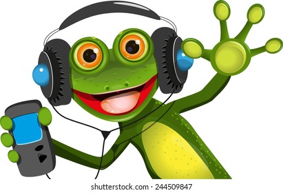 Illustration of a cartoon frog in headphones