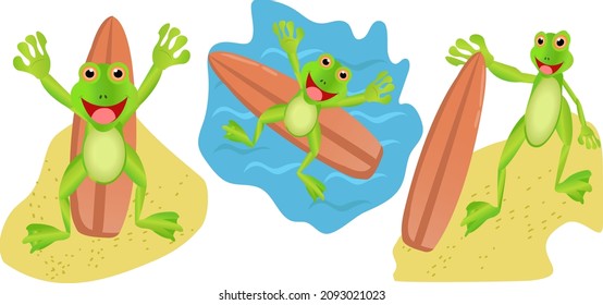 Illustration of cartoon frog playing with surfboard, drifting and surfing. Funny frog standing, raising hands and holding surfboard with one hand. Set of frogs and funny behaviors. 