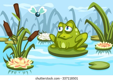 Illustration of a cartoon frog which saw a fly while sitting on a water lily in the swamp  