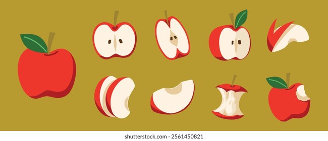 Illustration cartoon of fruit designs. Collection design of apples come in various forms, such as whole, halved, sliced, cut, and apples core. Idea for icons, labels, or digital decoration.