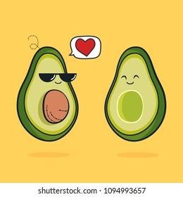 Illustration cartoon funny avocado icon with black sunglasses, cute characters design lover for valentines day avocado concept with vector line art, husband and wife is happiness, fruit love