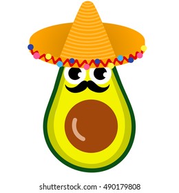 Illustration cartoon funny avocado icon with mustache and sombrero isolated on white background / vector eps 10