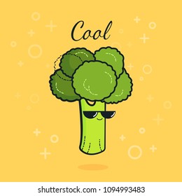 Illustration cartoon funny broccoli icon with black sunglasses isolated, vegan concept
