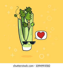 Illustration cartoon funny celery icon with black sunglasses isolated, vegan concept, celery love
