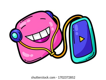 Illustration of cartoon funny character listening to music. Cute kawaii art in modern comic style.