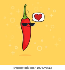 Illustration cartoon funny chili pepper icon with black sunglasses isolated, vegan concept, vegan love