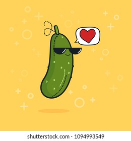 Illustration cartoon funny cucumber icon with black sunglasses isolated, vegan concept, cucumber love