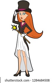 Illustration cartoon funny girl illusionist with a magic wand dressed in a top hat and stage costume