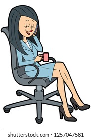 Illustration cartoon funny girl talks on a phone with a cup
