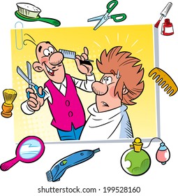 In the illustration cartoon funny hairdresser with client,  tools and attributes hairdressing salon. Illustration done on separate layers.