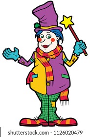 Illustration cartoon funny man with a magic wand disguised in top hat and clown clothes