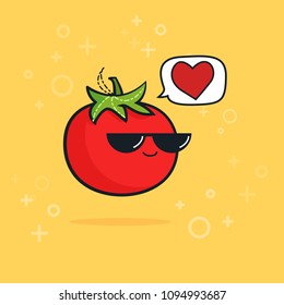 Illustration cartoon funny tomato icon with black sunglasses isolated, vegan concept, vegan love