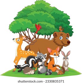 Illustration of cartoon funny wild animals in the nature