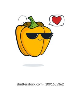 Illustration cartoon funny yellow sweet pepper icon with black sunglasses isolated, vegan concept, vegan love