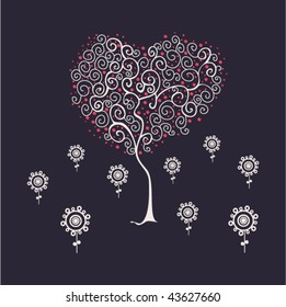 illustration of cartoon garden with tree and flowers, elements for your design