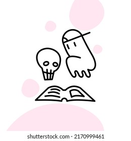 Illustration of cartoon ghost wearing a cap sitting and reading book with skull