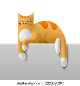 Illustration cartoon ginger happy cat lying surface  3D cute funny tabby kitten and hanging paws   tail  Isolated vector template yellow volumetric cat 