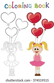 Illustration of a cartoon girl with balloons in the form of hearts. Coloring book. Valentine's Day