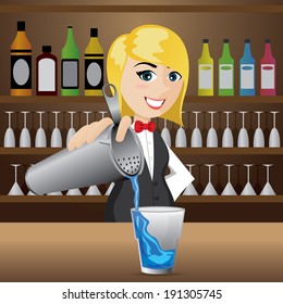 Illustration Of Cartoon Girl Bartender Pouring Cocktail