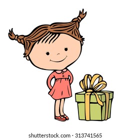 Illustration of cartoon girl with big box tied with a ribbon on a white background.