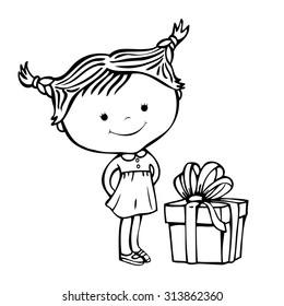 Illustration of cartoon girl with big box tied with a ribbon on a white background.