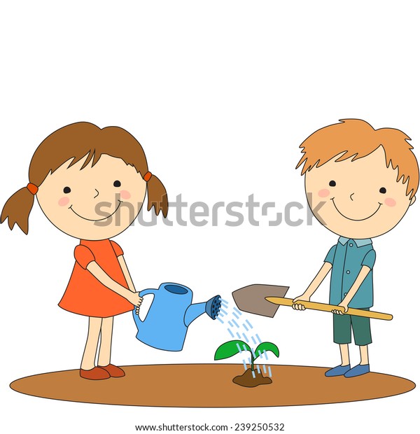 Illustration Cartoon Girl Boy Planting Sprout Stock Vector (Royalty ...