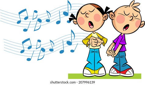 In the illustration cartoon girl and boy sing on  the background symbolic musical notes.  Illustration done in cartoon style, on separate layers.